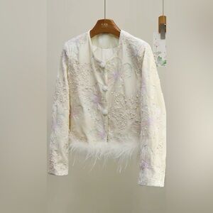Embellished Ivory Floral Cropped Jacket with Feather Trim
